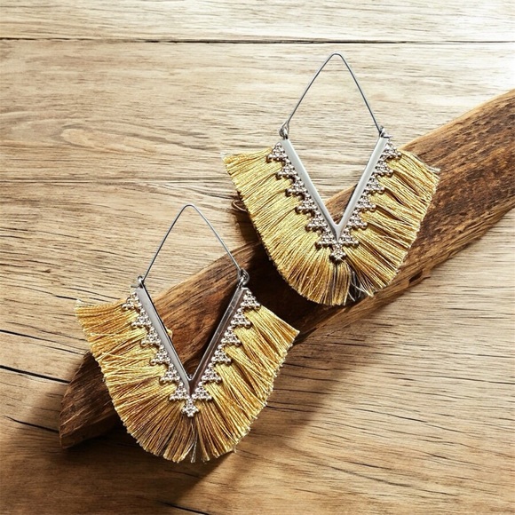 Boho Chic Gold Tassel Earrings on Gold Tone - Picture 3 of 5